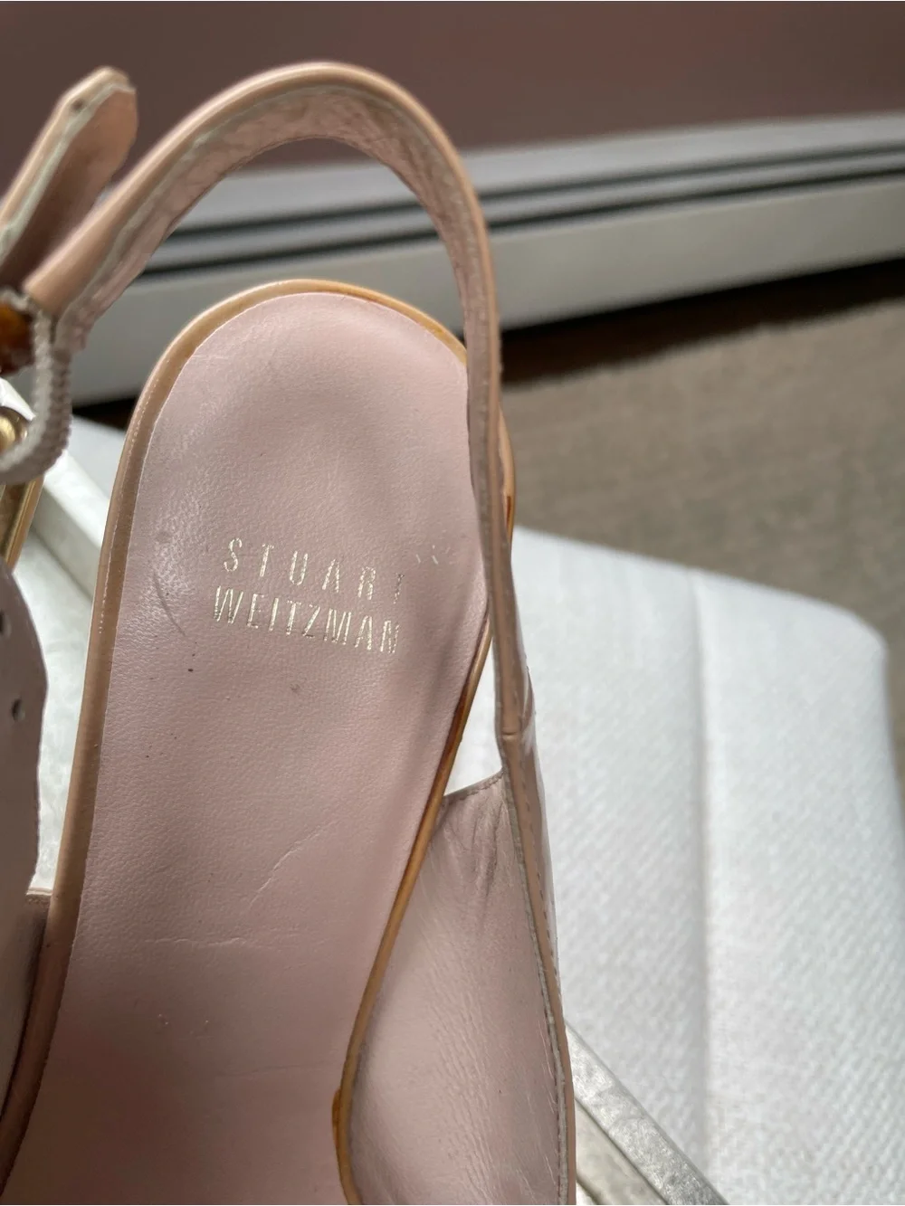 Stuart Weitzman Nude Patent Peep-Toe Cork Wedge Slingbacks